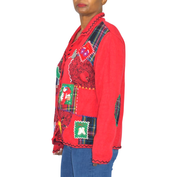 Designer Originals Ugly Christmas Cardigan Sweater Patchwork Plaid Snowman Large - Picture 6 of 16